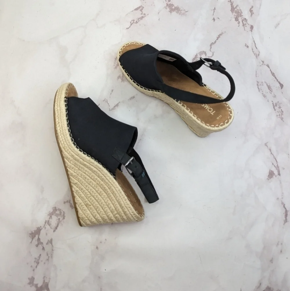 Toms Wedge Women 11 Espadrille Black Platform Slingback Shoe Sandal Open Monica